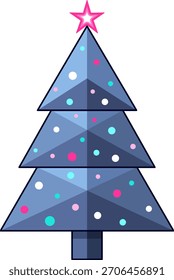 Arte vectorial de un árbol de Navidad azul marino facetado coronado con una estrella rosa brillante, puntos blancos, cian, rosas dispersos como adornos. Ideal para carteles festivos, tarjetas de felicitación, gráficas de Web, anuncios de temporada.