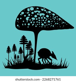 Vector art. Fantasy forest at night under mushroom animal. Silhouette