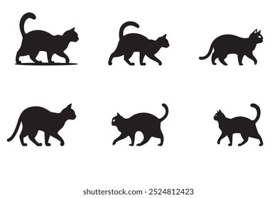 A arte vetorial apresenta um conjunto de silhueta de gato, postura sentada, e uma ilustração simples de uma forma felina em um fundo branco.