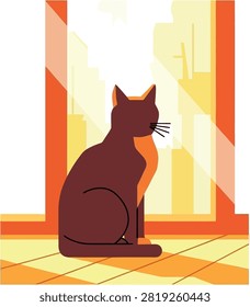 Vector art featuring a cat's silhouette perched on a window ledge, observing a minimalist cityscape. The warm color palette evokes a sense of peace and comfort in an urban setting.