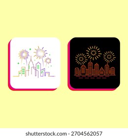 Un Arte vectorial que presenta paisajes urbanos en la noche con exhibición de fuegos artificiales Un paisaje urbano está en un fondo blanco con fuegos artificiales coloridos El otro en un fondo negro con fuegos artificiales dorados perfecto