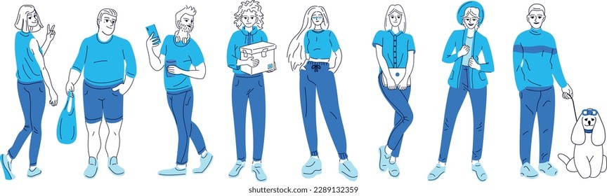 Arte vectorial con una variedad de personajes en diferentes poses y trajes, perfecto para marketing, presentaciones y proyectos creativos