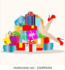 Vector art female sexy model slender legs stick out of boxes with gift