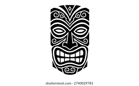 Vector art of a fierce Tiki face. This traditional Polynesian idol features intricate patterns, bared teeth, and a menacing expression, representing ancient culture and mythology.