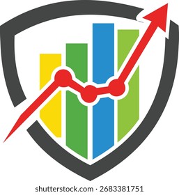 Vector art of financial growth chart with upward arrow inside shield emblem