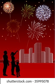 Vector art with fireworks, silhouettes and city panorama