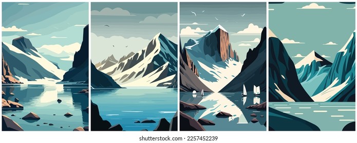 Vector Art of Fjords Glaciers Cartoon Vector . Template of Illustration Graphic Modern Pop Art Poster and Cover of Sticker and Collage Cartoon Watermark Abstract Vector