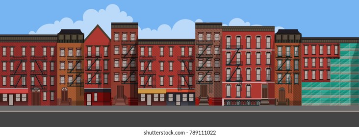 Vector Art Flat Style illustration of a New York City. Brooklyn Urban Scene.
