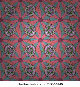 Vector art. Floral background for abstract design. Vector graphic painting of falling flowers, doodles, grunge textures. Abstract fall seamless pattern in bright autumn colors (violet, pink and green)