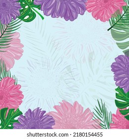 Vector art of floral  frame or border design, royal purple, fandango pink  color gerbera flower with  forest green traditional, dartmouth green color swiss cheese plant leaf and  palm tree leaf .