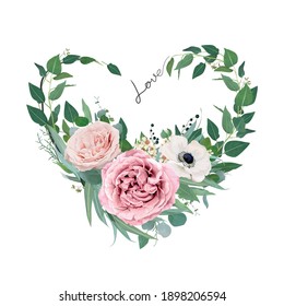 Vector art floral heart shape watercolor bouquet illustration. Mauve peach pink garden roses, anemone flower, tender creamy wax flower, eucalyptus greenery, leaves, sage green herbs and lovely berries