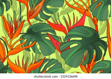 Vector art floral and plant seamless pattern. Tropical green monstera, red and orange heliconia on neon green background. Isolated leaves and flowers with green shadows.