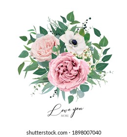 Vector art floral watercolor bouquet editable illustration. Elegant mauve, dusty pink garden rose flowers, anemone, tender, creamy wax flower, eucalyptus greenery, leaves, sage green herbs and berries