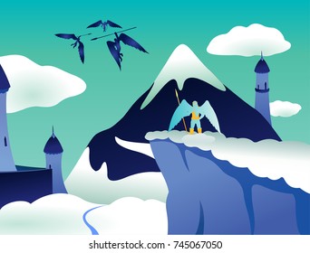 Vector art with flying angels and castle in heaven