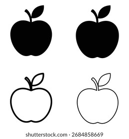 Vector art of four apple icons, showcasing variations in solid and outlined styles, representing fruit, health, or technology, suitable for use in graphic design and user interfaces