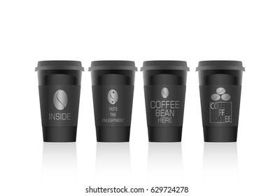 Vector art of four black paper coffee cups with text and symbols for business advertisement, menus, banners. Content elements are set in groups.