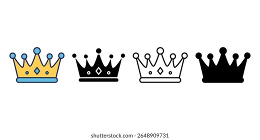 Arte vetorial de quatro ícones da coroa isolados no fundo branco, nas cores dourado, preto, branco e azul