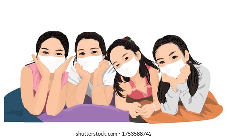 Vector art of Four girls wearing face masks to protect against viruses for healthcare