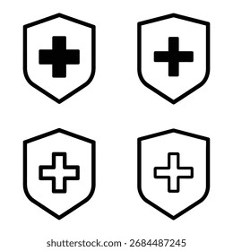 Vector art of four shield icons featuring a cross inside, two in solid black and two in outline form, , symbolizing protection and healthcare
