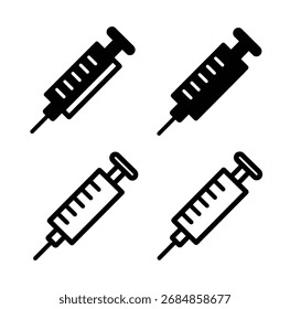 Vector art of four syringes are depicted, two filled with a dark substance and two outlined, suggesting medical or pharmaceutical themes with a focus on vaccination or injection