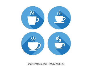Arte vectorial de cuatro íconos de taza de café blanco con vapor en círculos azules