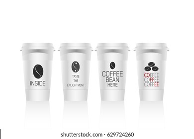 Vector art of four white paper coffee cups with text and symbols for business advertisement, menus, banners. Content elements are set in groups.
