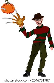 Vector art of Freddy Krueger with a pumpkin, celebrates Halloween. Orange pumpkin, red sweater with green stripes, iron claws, Freddy's glove.