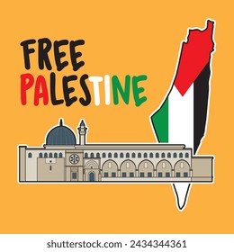 Vector art of free Palestine with Palestine map, flag and Al Aqsa Mosque
