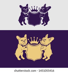 Vector art with french bulldogs holding shield and crown for wedding, logos and crests