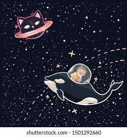 Vector art is the galaxy and cat