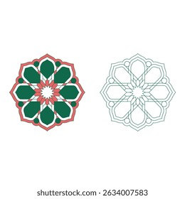 Vector art of Geometric islamic pattern with traditional design elements and coloring page isolated on white background