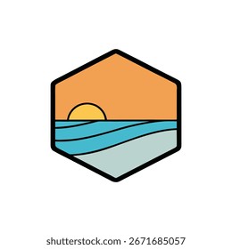 Arte vectorial de la puesta de sol geométrica sobre las olas del océano en marco hexagonal