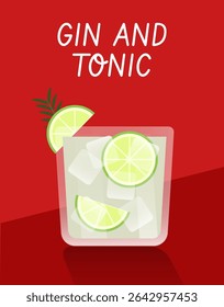 Arte vetorial de Gin e Tonic coquetel com enfeite de limão sobre fundo vermelho. Ideal para design de menu de bebidas ou bar.