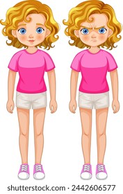 Vector art of a girl with contrasting emotions