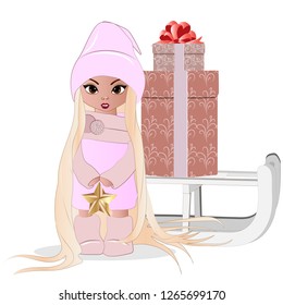 Vector art girl with gifts on a sled