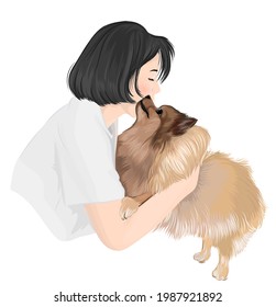 Vector art of a girl hugging Pomeranian dog cute puppy