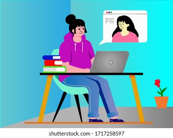 Vector art of girls communicating from home via internet on computer. Editable eps file available