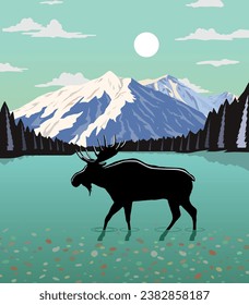 Vector del Parque Nacional Glacier con las emblemáticas montañas rocosas de Montana. Ilustración de impresiones, insignias o diseños artísticos.