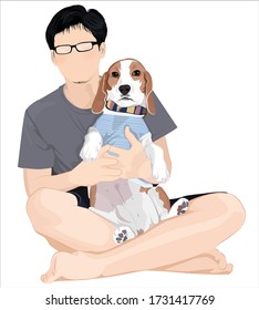 Vector art of a glasses man hugging his beagle puppy