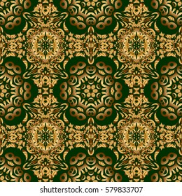 Vector art of golden mehndi. Seamless pattern on a green backdrop. Traditional indian style, ornamental floral elements for henna tattoo, printing, golden stickers, mehndi, yoga design.