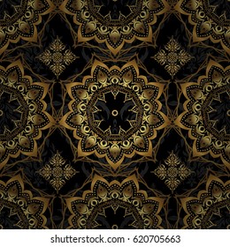 Vector art of golden mehndi. Seamless pattern on a black backdrop. Traditional indian style, ornamental floral elements for henna tattoo, printing, golden stickers, mehndi, yoga design.