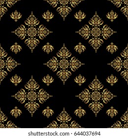 Vector art of golden mehndi. Seamless pattern on a black backdrop. Traditional indian style, ornamental floral elements for henna tattoo, printing, golden stickers, mehndi, yoga design.