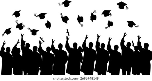Arte vectorial de gorras de graduación lanzadas al aire por estudiantes siluetados