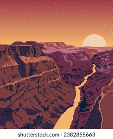 Arte vectorial del Parque Nacional del Gran Cañón con una icónica vista de sus bandas de capas de rocas rojas cañones y ríos. Ilustración de impresiones, insignias o diseños artísticos.