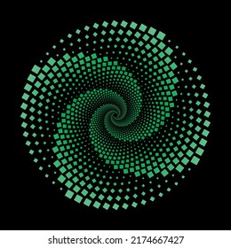 Vector art of green dotted squares vortex on a black background. Square dots spiral circle. Abstract mandala swirl wallpaper.