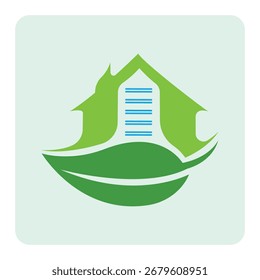 Arte vectorial del logotipo de la casa verde con la hoja y el icono del documento, que simboliza la vida respetuosa del medio ambiente, la arquitectura sostenible y la responsabilidad ambiental en la gestión inmobiliaria y de la propiedad
