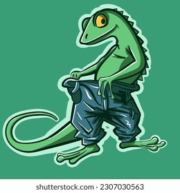 Vector art of a green lizard putting on a pair of blue jeans. Humanized reptile wearing large pants. Vector of a dinosaur wearing clothes.