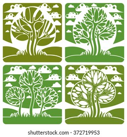 Vector art green trees on beautiful spring landscape.  Beautiful nature and season theme illustrations collection.