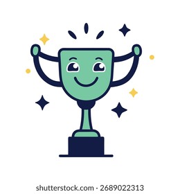 Vector art of green trophy character with arms raised in celebration