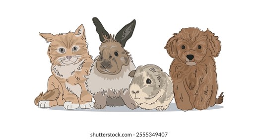 Vector art of group of cute pets isolated on white background.